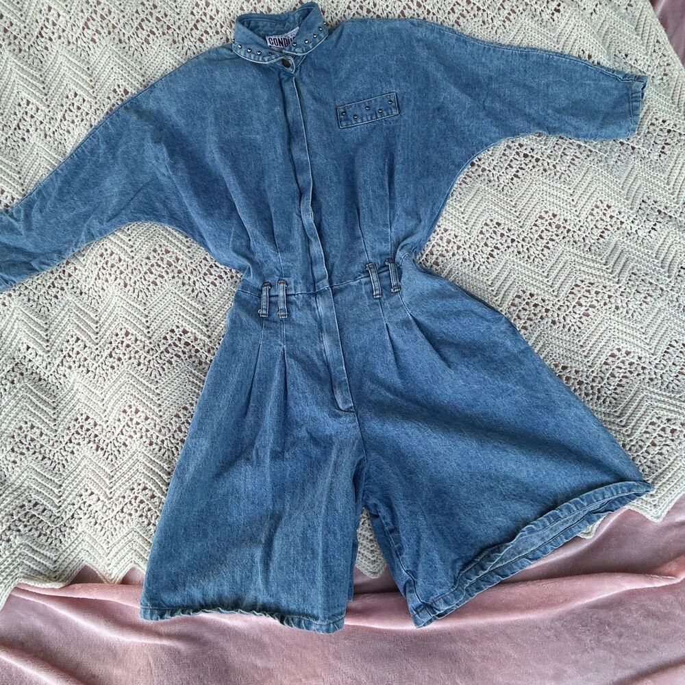 Vintage 80s Jean Romper Dolman Sleeve Studded Cinched Waist Stranger Things XS
